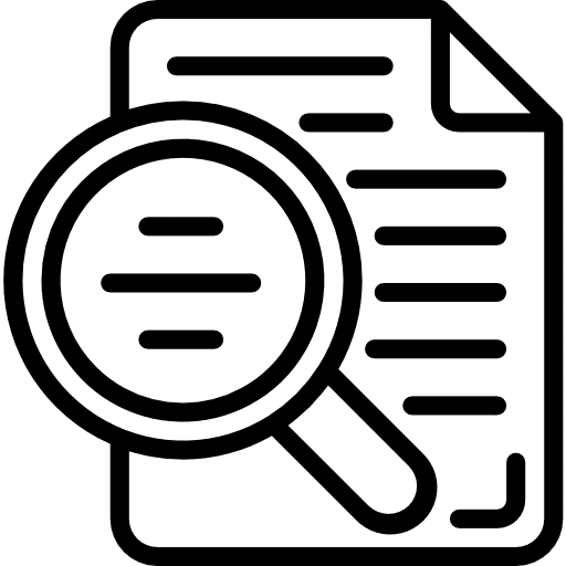 Magnifying glass inspecting document icon.