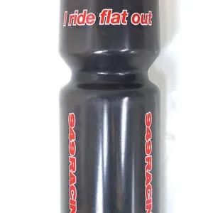 Black and orange sports water bottle with text.