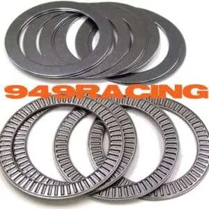 Assorted thrust washers and needle bearings with logo.