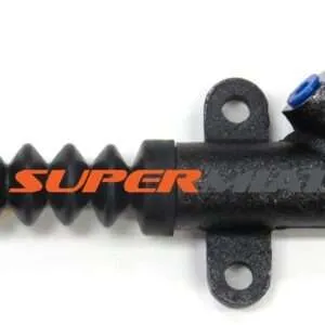 Black hydraulic shock absorber with orange "SUPER" logo.