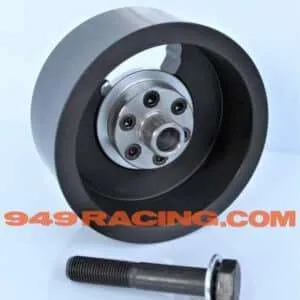 Black racing car pulley and bolt.