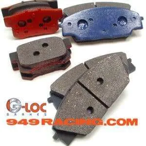 Red and blue brake pads with G-LOC and 949 Racing logos.