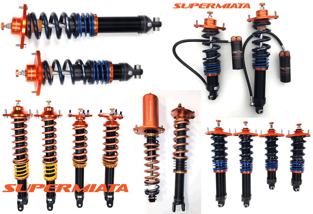 Performance car suspension kits with springs and dampers.