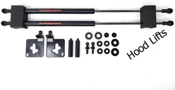 Car hood lift support struts with installation hardware.
