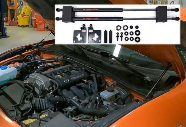 Hood lift support kit for vehicle engine upgrade.