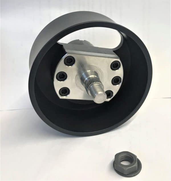 Industrial pulley wheel assembly with mounting bracket.