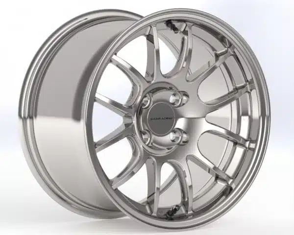 Silver alloy car wheel design.