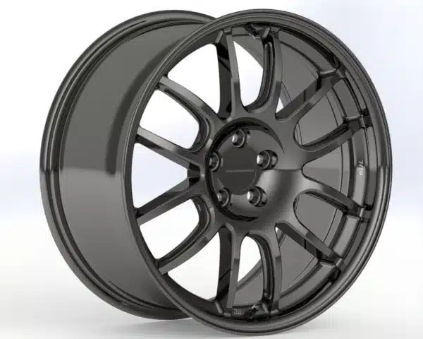 Black alloy car wheel design on white background.